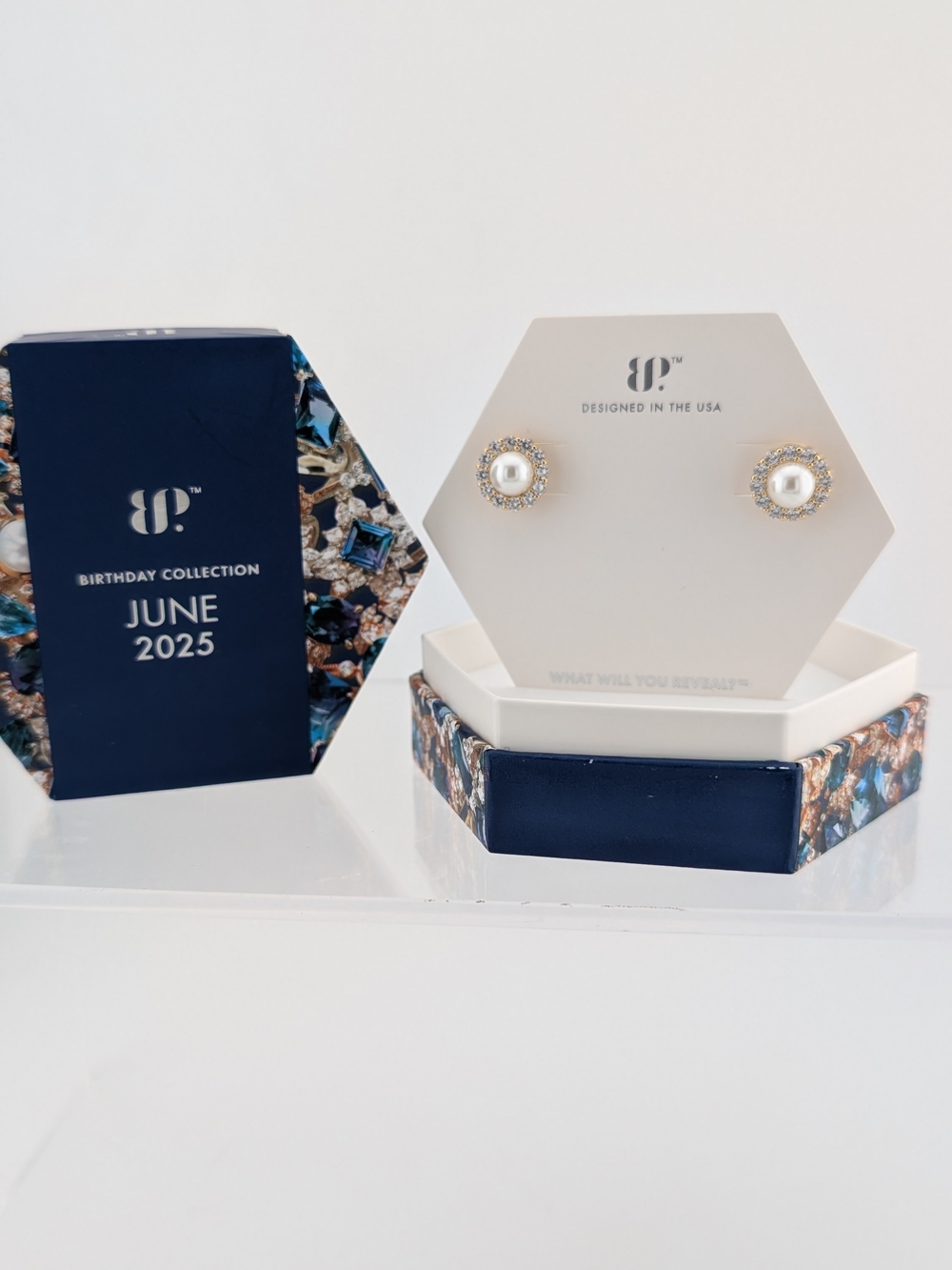 June 2025 Pearl Halo Stud Earrings - White Pearls with Gold Halo